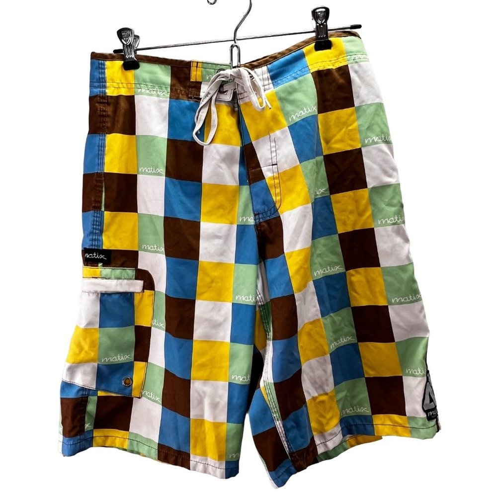 Matix Board Shorts Swim size 30 Men Multi Color Check Longer Length Pocket